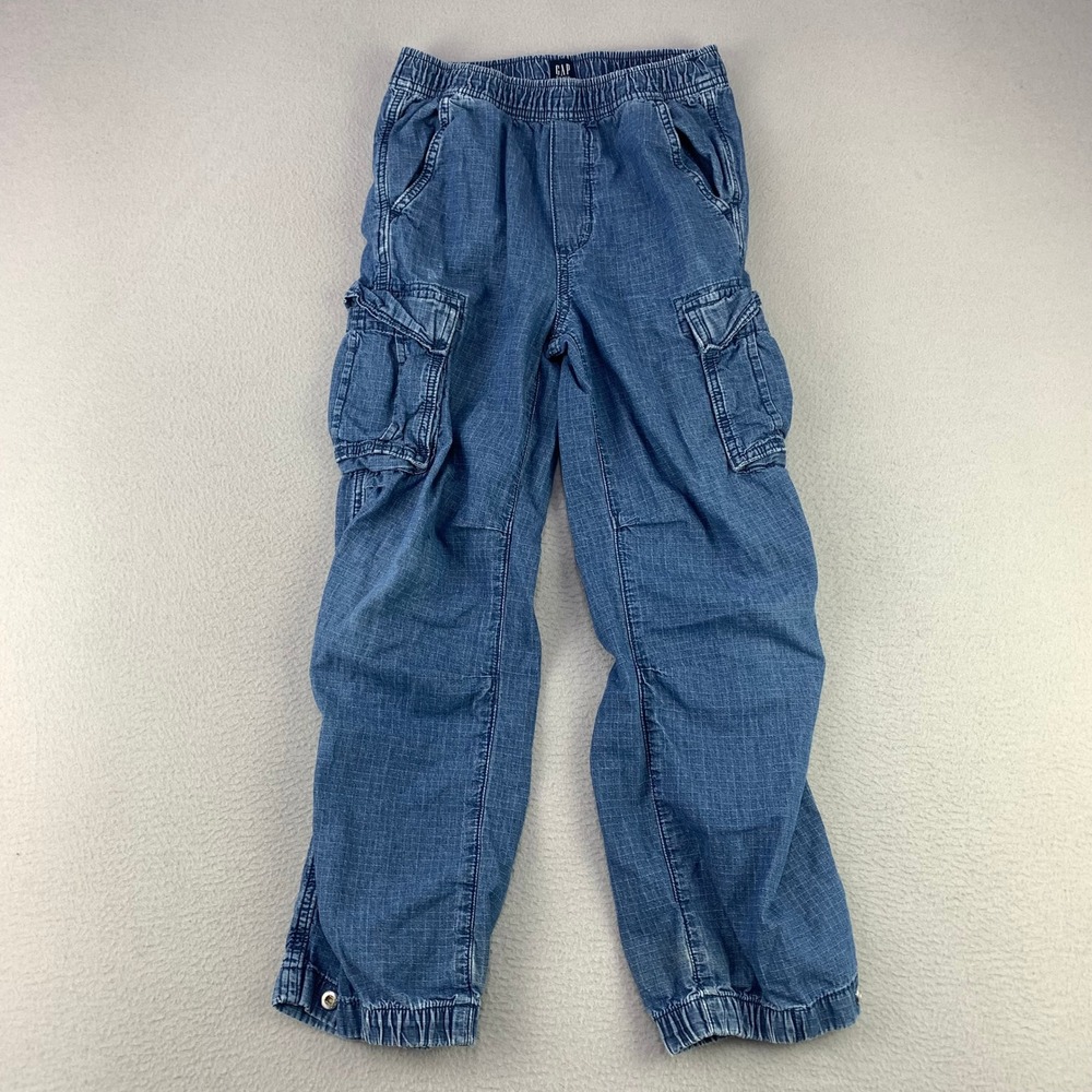 GAP Parachute Pant Cargo Pants Kids L Blue Denim Elastic Waist‎ Snap Hem Utility